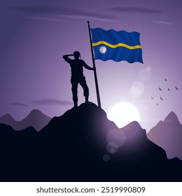  Flag hoisted on a mountain peak with a purplish sunset in the background, vector illustration