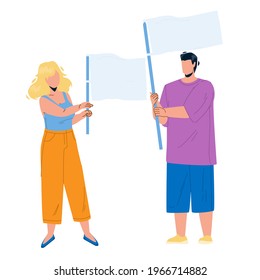 Flag Holding Boy And Girl Couple On Protest Vector. Young Man And Woman Hold Waving Flag Together On Meeting. Characters People Manifestation Or Demonstration Flat Cartoon Illustration