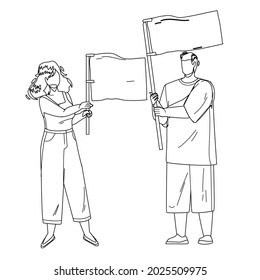 Flag Holding Boy And Girl Couple On Protest Black Line Pencil Drawing Vector. Young Man And Woman Hold Waving Flag Together On Meeting. Characters People Manifestation Or Demonstration Illustration