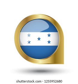 Flag of Hondoras, location map pin, pointer flag, button with the reflection of light and shadow, gold frame, Icon country. Realistic vector illustration on white background.