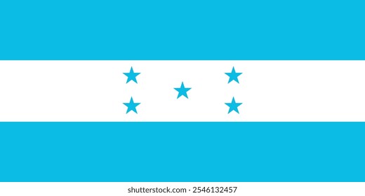 The flag of Honduras consists of three equal horizontal stripes of cyan, white and cyan, with five cyan stars in a quincuncial pattern at the centre of the middle stripe