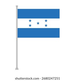 La bandera de Honduras, con Horizontales rayas azules y blancas con cinco estrellas azules en el centro, se muestra en un asta de la bandera sobre un fondo blanco.