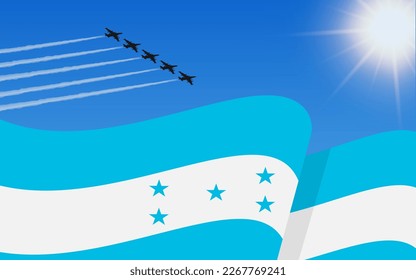 Flag of Honduras and a fighter plane formation flying in the sky. 15th September Independence day Honduras. Military aviation in the blue sky. Vector illustration