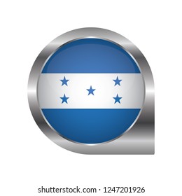 Flag of Honduras, location map pin, pointer flag, button with the reflection of light and shadow, silver frame, Icon country. Realistic vector illustration on white background.