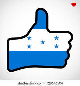 Flag von Honduras in Form von Hand mit Daumen nach oben, Geste der Genehmigung, Vektorfinger-Zeichen, flache Design-Illustration.