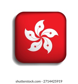 Botão Bandeira de Hong Kong com ícone de sombra. ícone 3d. A forma quadrada