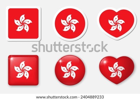 Flag of Hong Kong icons collection. Flat stickers and 3d realistic glass vector elements on white background with shadow underneath.