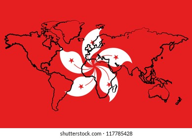 The flag of Hong Kong with the outline of the world