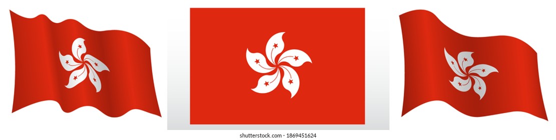 flag of hong kong in static position and in motion, fluttering in wind in exact colors and sizes, on white background