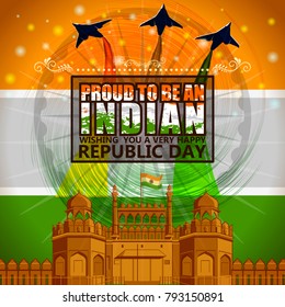 Flag hositing on Indian monument Red Fort in Delhi for Happy Republic Day of India background. Vector illustration