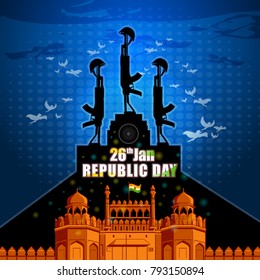 Flag hositing on Indian monument Red Fort in Delhi for Happy Republic Day of India background. Vector illustration
