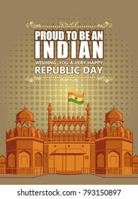 Flag hositing on Indian monument Red Fort in Delhi for Happy Republic Day of India background. Vector illustration