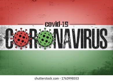 Flag of Hungary with coronavirus covid-19. Virus cells coronavirus bacteriums against background of the flag of Hungary. Coronavirus outbreak in Hungary. Quarantine. Vector illustration