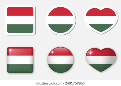 Flag of Hungary icons collection. Flat stickers and 3d realistic glass vector elements on white background with shadow underneath.
