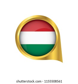 Flag of Hungary, location map pin, pointer flag Hungary, button gold, Icon country . Vector Illustration EPS10.