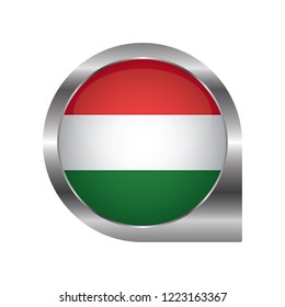 Flag of Hungary, location map pin, pointer flag, button with the reflection of light and shadow, silver frame, Icon country. Realistic vector illustration on white background.