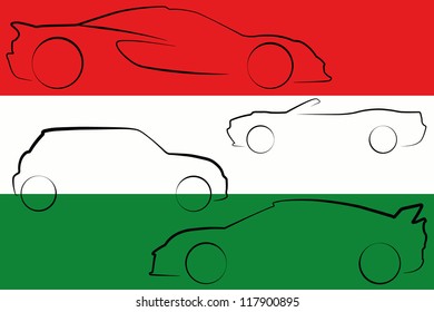 The flag of Hungary with the outlines of many cars of different types