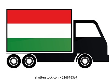 The flag of Hungary painted on the side of the silhouette of a truck