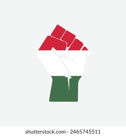 Flag of Hungary in the shape of raised hand sign isolated on background. Fist symbol modern, simple, vector, icon for website design, mobile app, ui. Vector Illustration