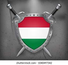 Flag of Hungary. The Shield with National Flag. Two Crossed Swords. Vector Medieval Background