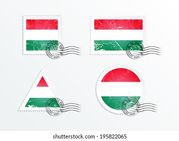 Flag of Hungary. Stamps with the image of the flag. Stamp with flag. Triangular stamp, stamp rectangular, round stamp, square stamp. Mark in grungy style. Battered mark. Old label.