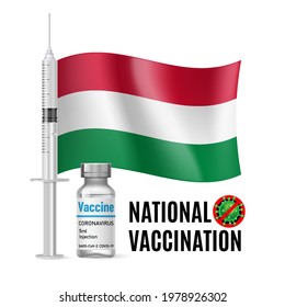 Flag of Hungary with Vaccine Immunization Syringe and the Vial of Antibiotic for Vaccination. Concept of Health Care and National Vaccination with Hungarian flag