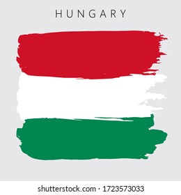 Flag of Hungary. Vector illustration on gray background. National flag with three colors: green, white and red. Beautiful brush strokes. Abstract concept. Elements for design. Painted texture.