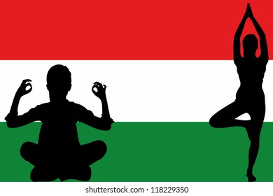 The flag of Hungary with yoga silhouettes