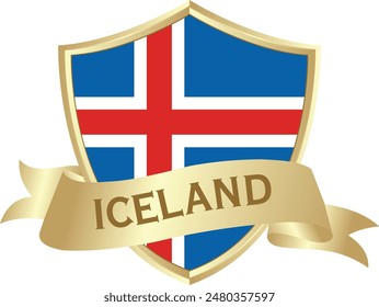 Flag of iceland as around the metal gold shield with iceland flag