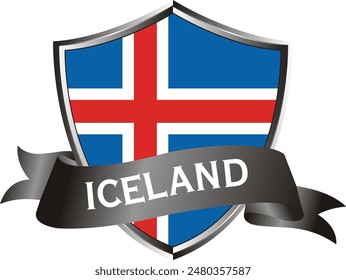 Flag of iceland as around the metal silver shield with iceland flag