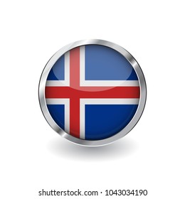 Flag of iceland, button with metal frame and shadow. iceland flag vector icon, badge with glossy effect and metallic border. Realistic vector illustration on white background.