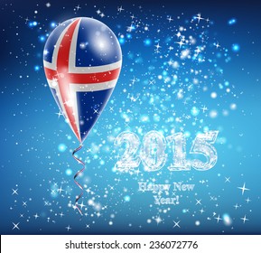 Flag of Iceland. The celebration and gifts. Balloon on Happy New Year. Merry Christmas. The sky sparkles with stars and snowflakes. Vector. Icon. 