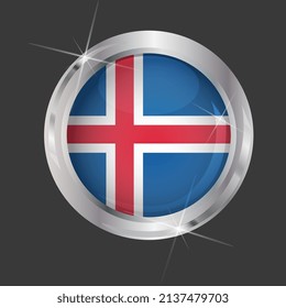 Flag of Iceland in circle. 3D effect. Glossy and shiny button with metal frame and sparkles. Light reflection. Round Graphic design element. Isolated on gray background. Vector image EPS 10. 