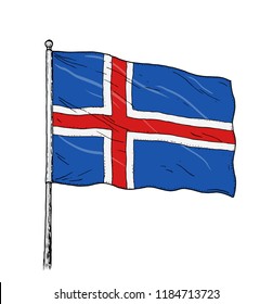 Flag of Iceland drawing - vintage like colorful illustration of Scandinavian flag. Isolated contour on white background.