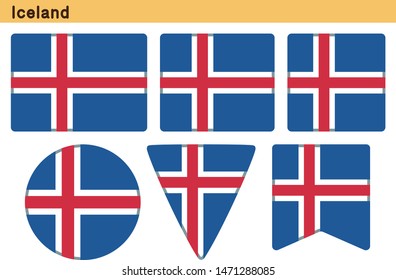 Flag of Iceland. Flag icon set of six different shapes. Vector Illustration.
