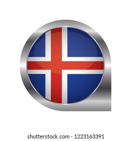 Flag of Iceland, location map pin, pointer flag, button with the reflection of light and shadow, silver frame, Icon country. Realistic vector illustration on white background.