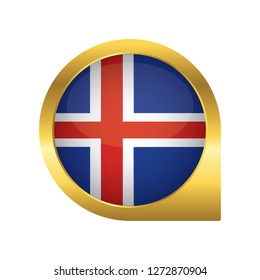 Flag of Iceland, location map pin, pointer flag, button with the reflection of light and shadow, gold frame, Icon country. Realistic vector illustration on white background.