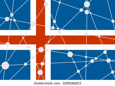 Flag of the Iceland. Low poly concept triangular style. Molecule and communication background. Connected lines with dots.