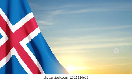 Flag of Iceland on background of sunset sky. EPS10 vector
