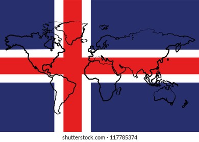 The flag of Iceland with the outline of the world