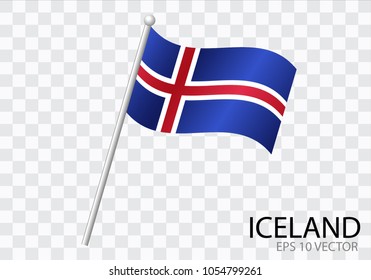 Flag of ICELAND with flag pole waving in wind.Vector illustration