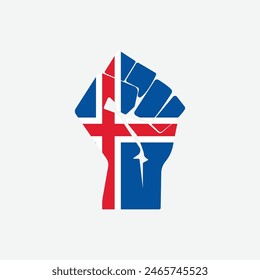 Flag of Iceland in the shape of raised hand sign isolated on background. Fist symbol modern, simple, vector, icon for website design, mobile app, ui. Vector Illustration