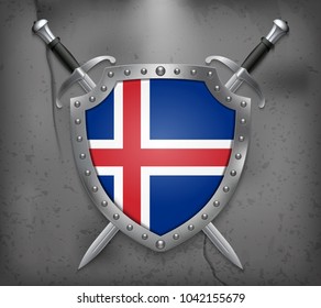 Flag of Iceland. The Shield with National Flag. Two Crossed Swords. Vector Medieval Background