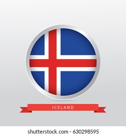 Flag of Iceland in shiny circle with red ribbon on gradient gray background.