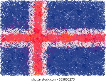 Flag of Iceland with snowflakes. Winter background