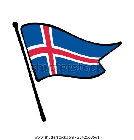 Flag of Iceland. Iceland flag vector illustration icon design in the hand-drawn style. Fluttering flagpole flag.