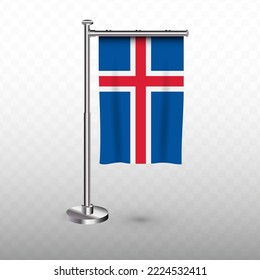 Bandera de Islandia. Ilustración vectorial de una bandera vertical colgante con mástil en un fondo transparente (PNG).