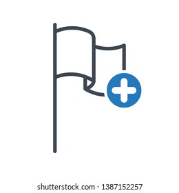 Flag icon with add sign. Location marker icon and new, plus, positive symbol 