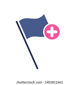 Flag icon with add sign. Location marker icon and new, plus, positive symbol 