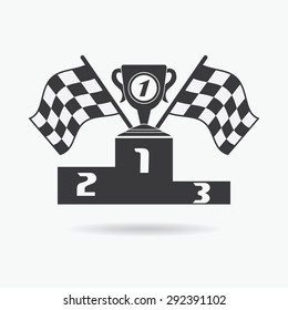 Flag icon. Checkered or racing flags first place prize cup and winners podium. Sport auto, speed and success, competition and winner, race rally, vector illustration.